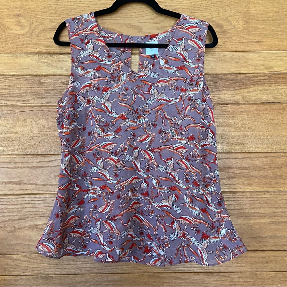 Cabi crane print bow back Good Luck peplum tank